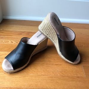 Black Leather Top Espadrille Wedge Sandals